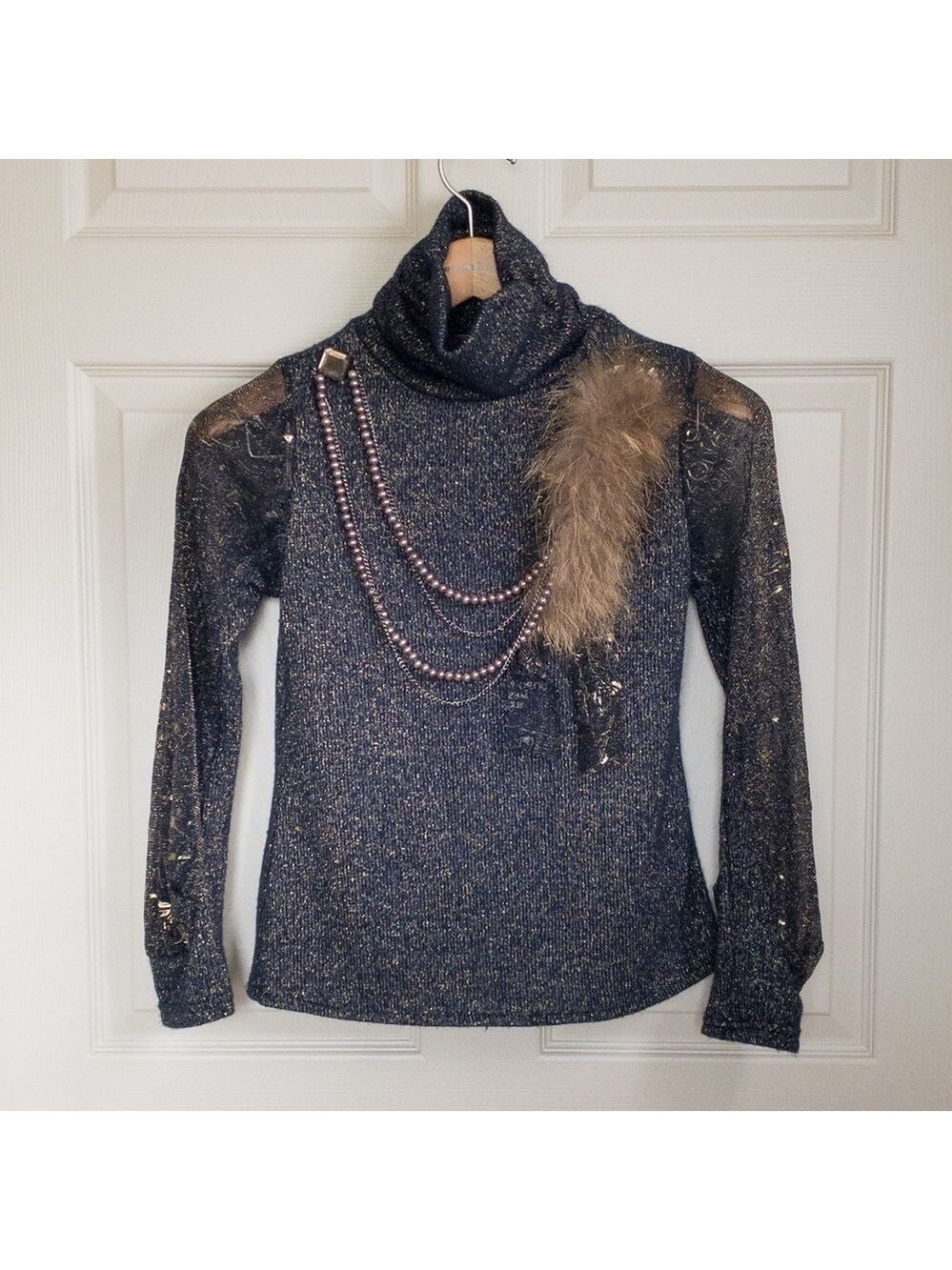 Sun Li Joy Knitted Turtleneck Sweater Sheer Long Sleeves Blue Gold Size Medium